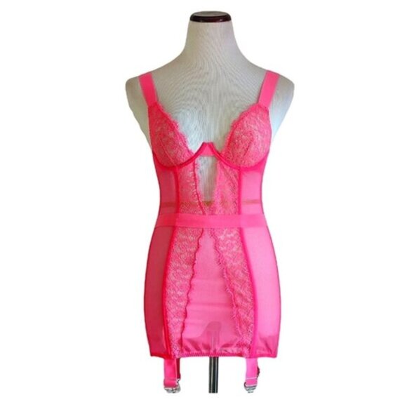 Victoria's Secret Garter Slip Women's Size 34B Neon Pink Lace Boned Corset Teddy - Picture 15 of 15